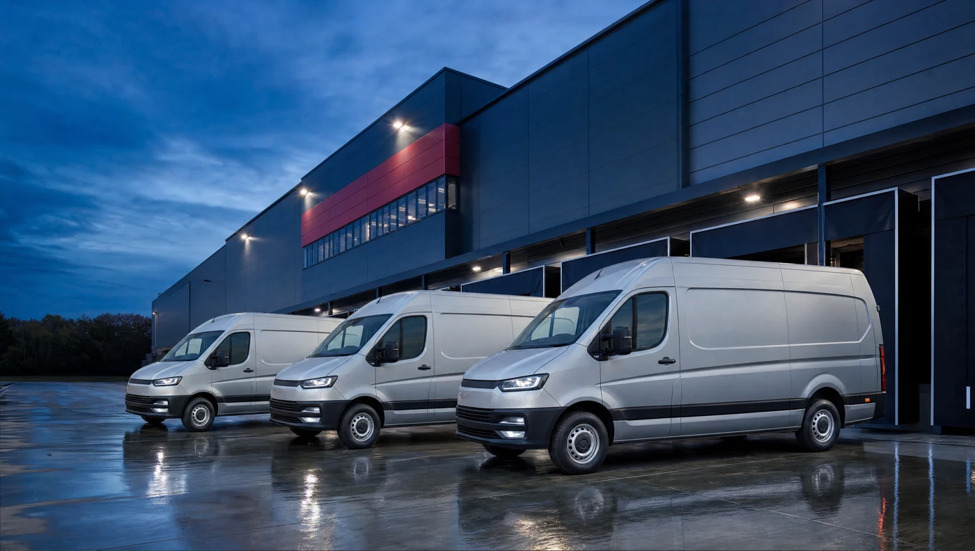 Commercial vans outside a distribution centre