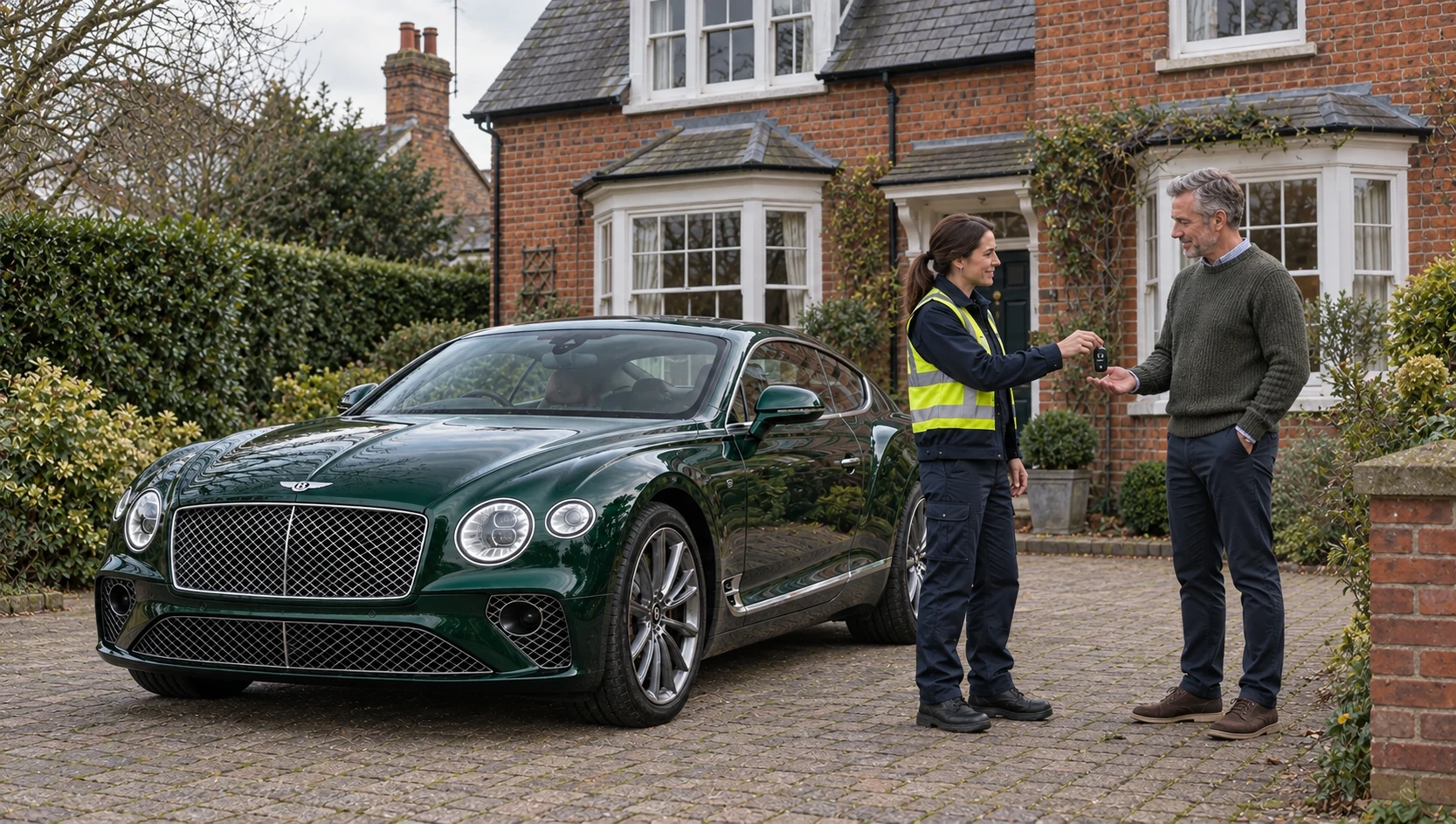 Illustration of a recovery specialist handing keys to a Bentley owner outside a British brick home