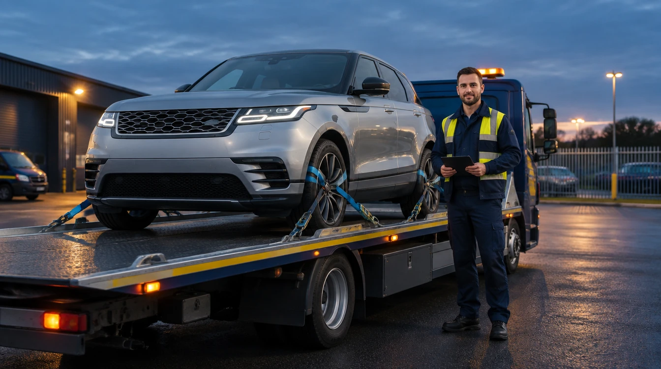 Illustration of a recovery specialist beside an SUV secured on a vehicle transporter