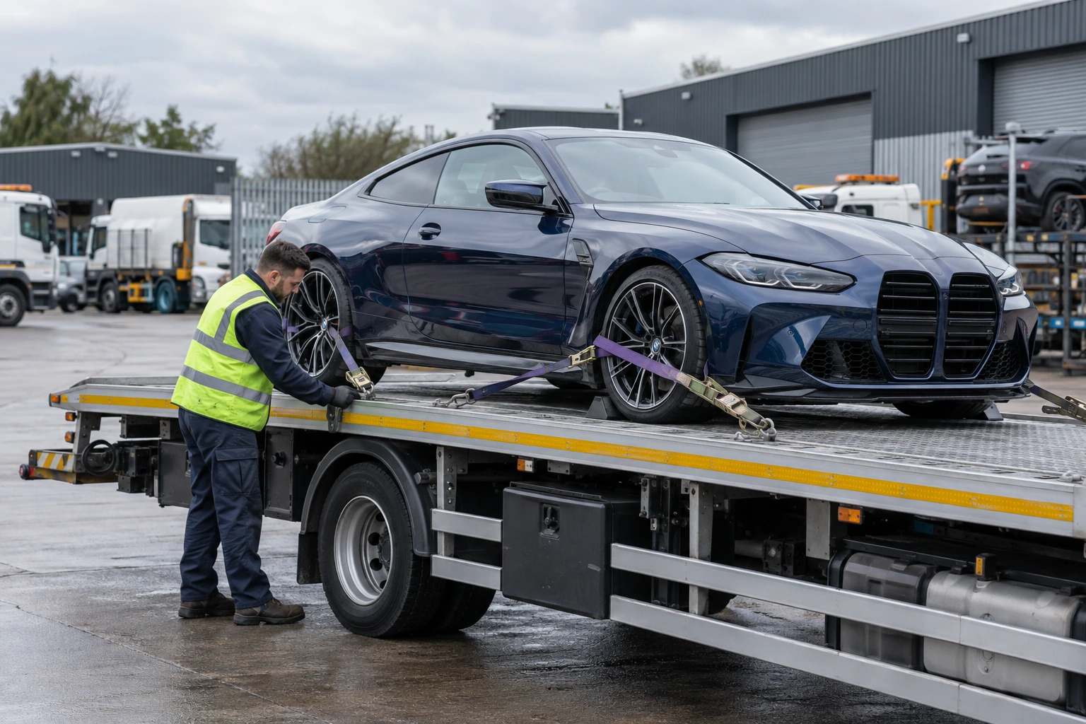 Recovery specialist securing a blue performance coupe on a flatbed transporter